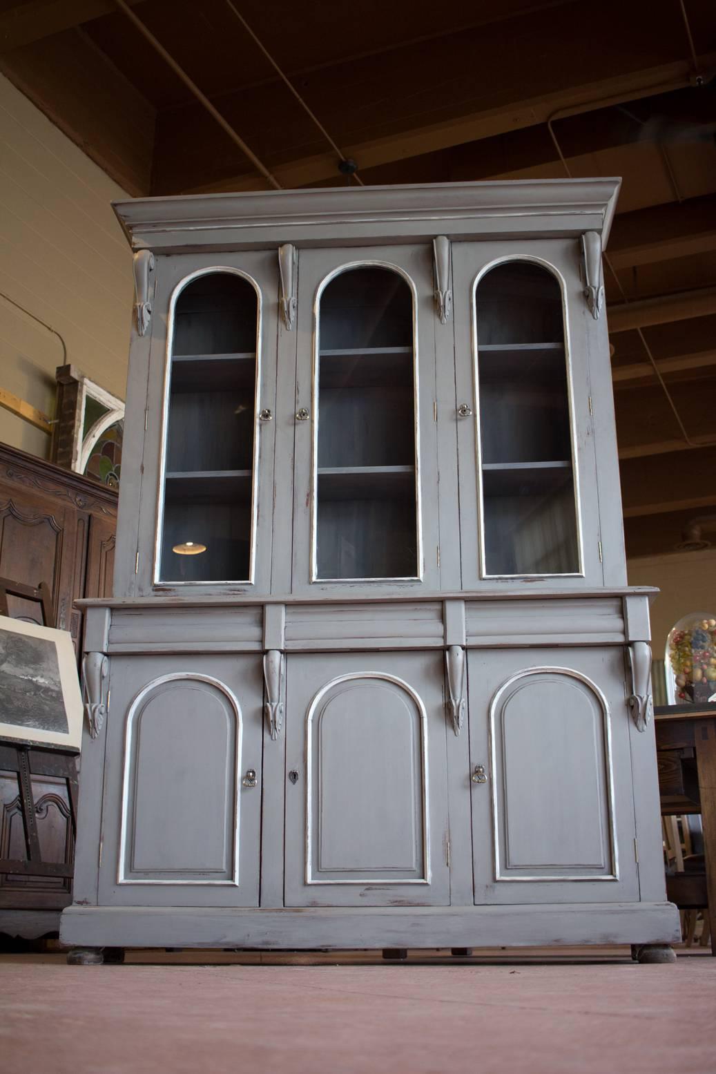Gothic Revival Antique Painted and Glazed English Bookcase