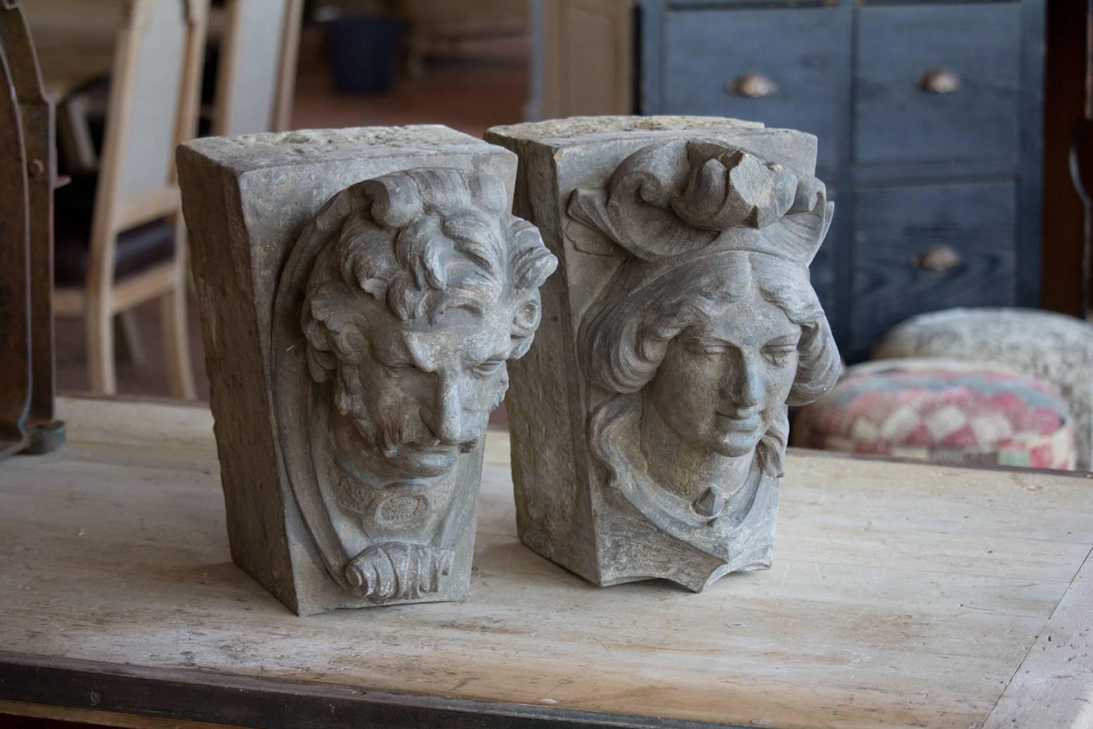 Pair of 19th century stunningly carved stone keystone heads of a male and female. Thought to have been recovered from an old English theatre.