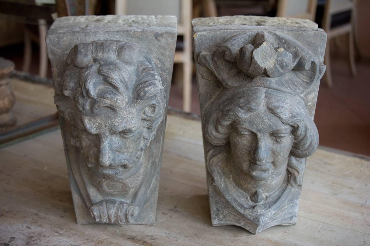 Pair of English 19th Century Carved Stone Keystone Heads 2