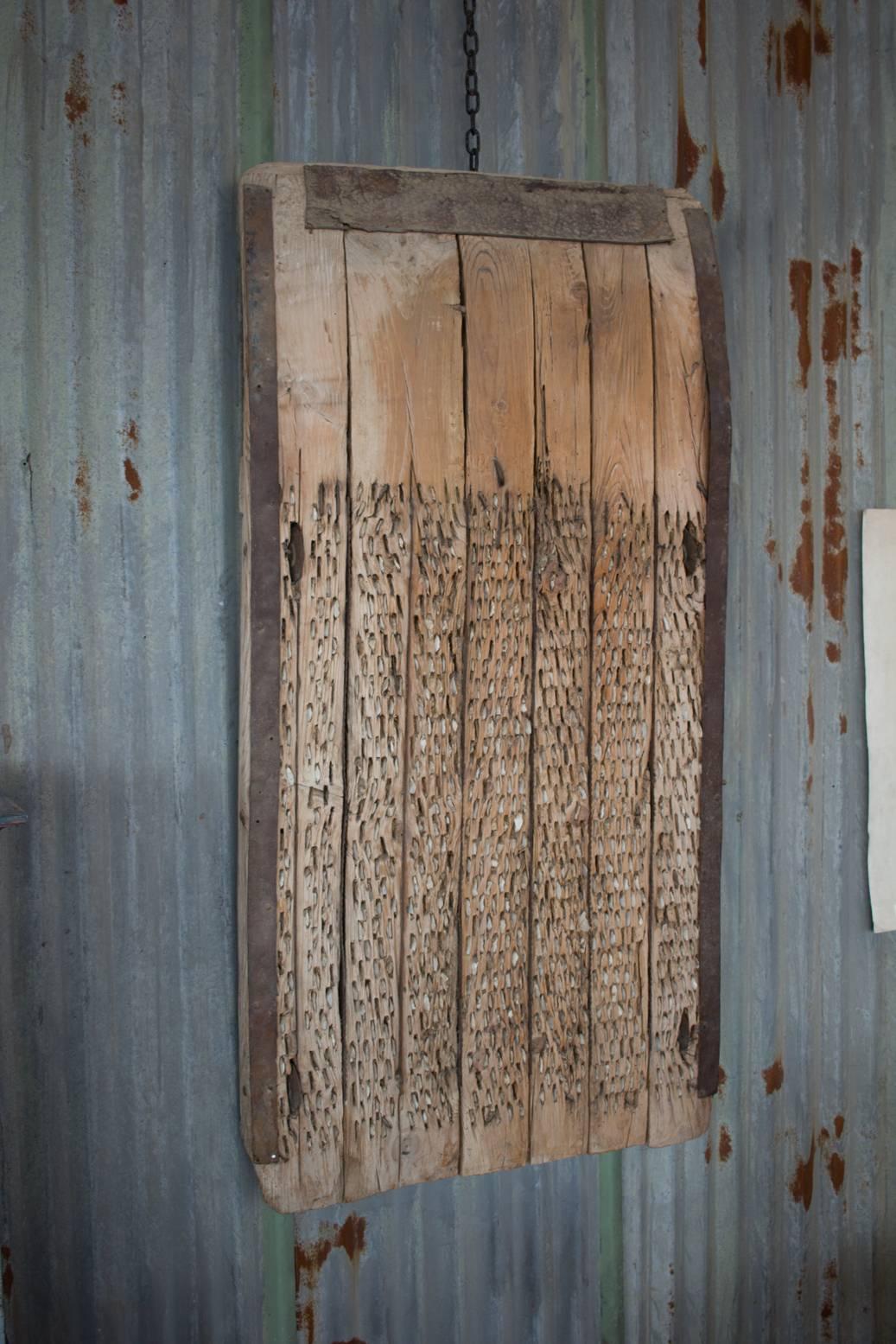Antique Catalan threshing board or tribulum. It would be pulled by mule or oxen and the lithic or flint flakes would help separate the cereal from straw ready for winnowing. Fantastic as a coffee table or piece of art on the wall. Good height and