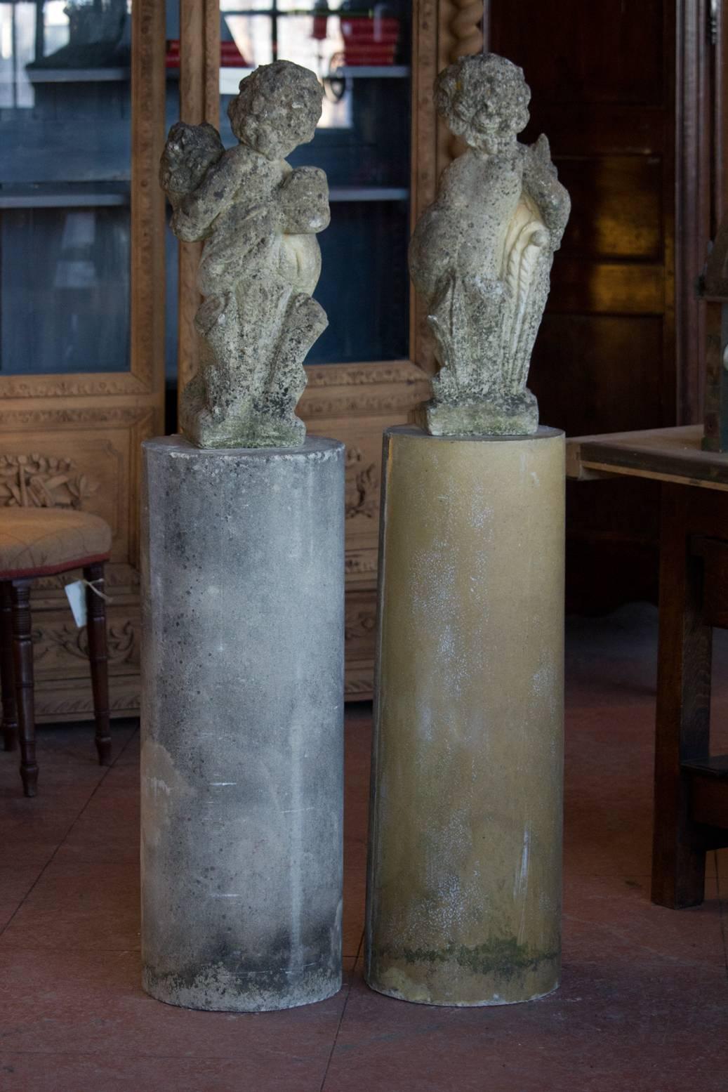 Pair of English Vintage Garden Putti on Tall Columns 3