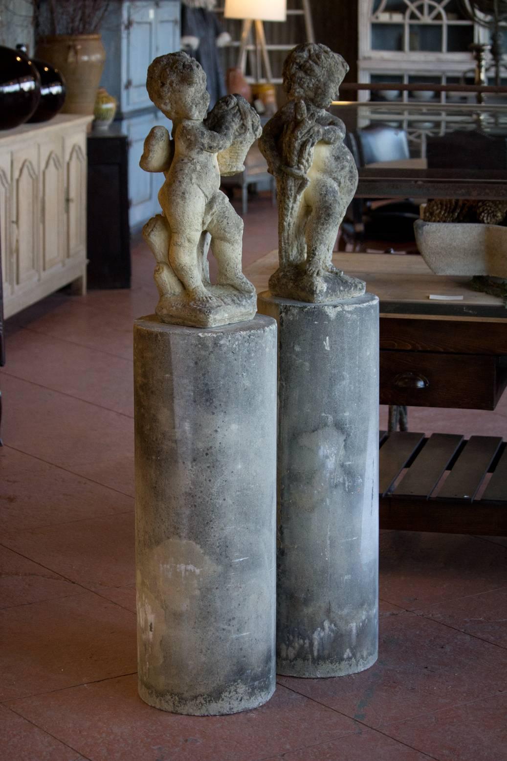 20th Century Pair of English Vintage Garden Putti on Tall Columns