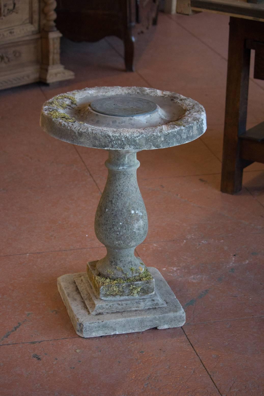 Vintage English composite sundial on baluster base and stepped plinth. The sundial plate is inscribed, “let others tell of storms and showers, I’ll only count your sunny hours”. Would also make a lovely bird feed table or birdbath.