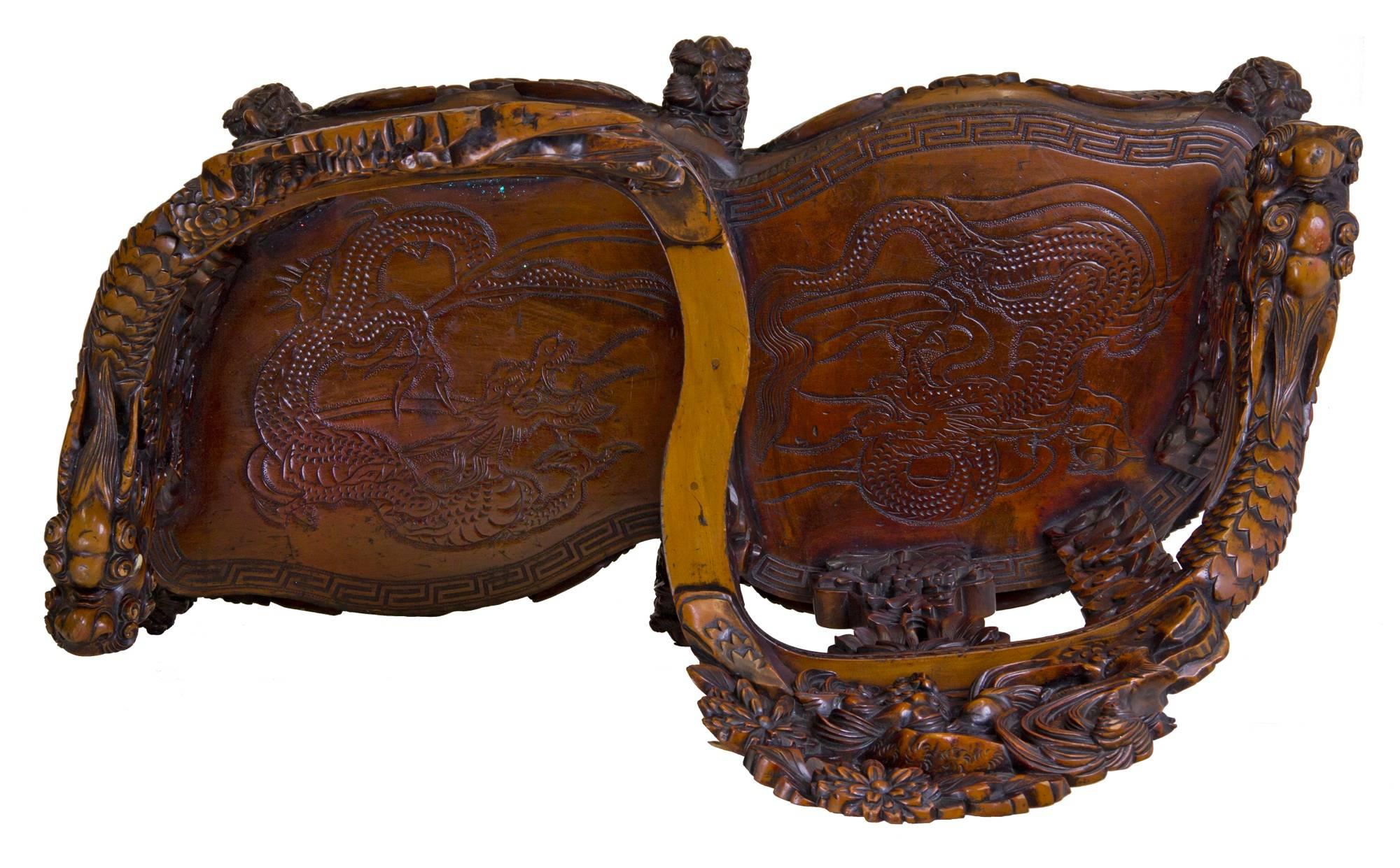 Magnificent Carved Paduk Tête-à-Tête, Second Half of 19th Century, Japan In Excellent Condition For Sale In Providence, RI