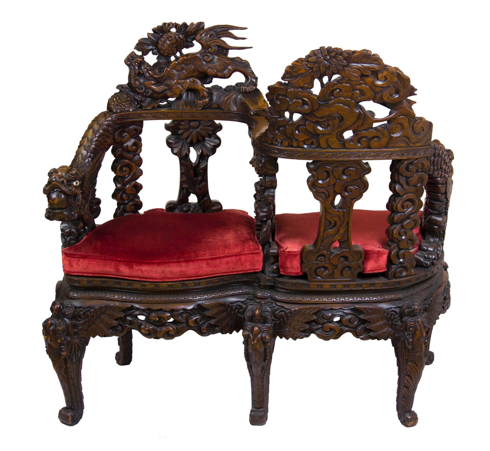 Mahogany Magnificent Carved Paduk Tête-à-Tête, Second Half of 19th Century, Japan For Sale