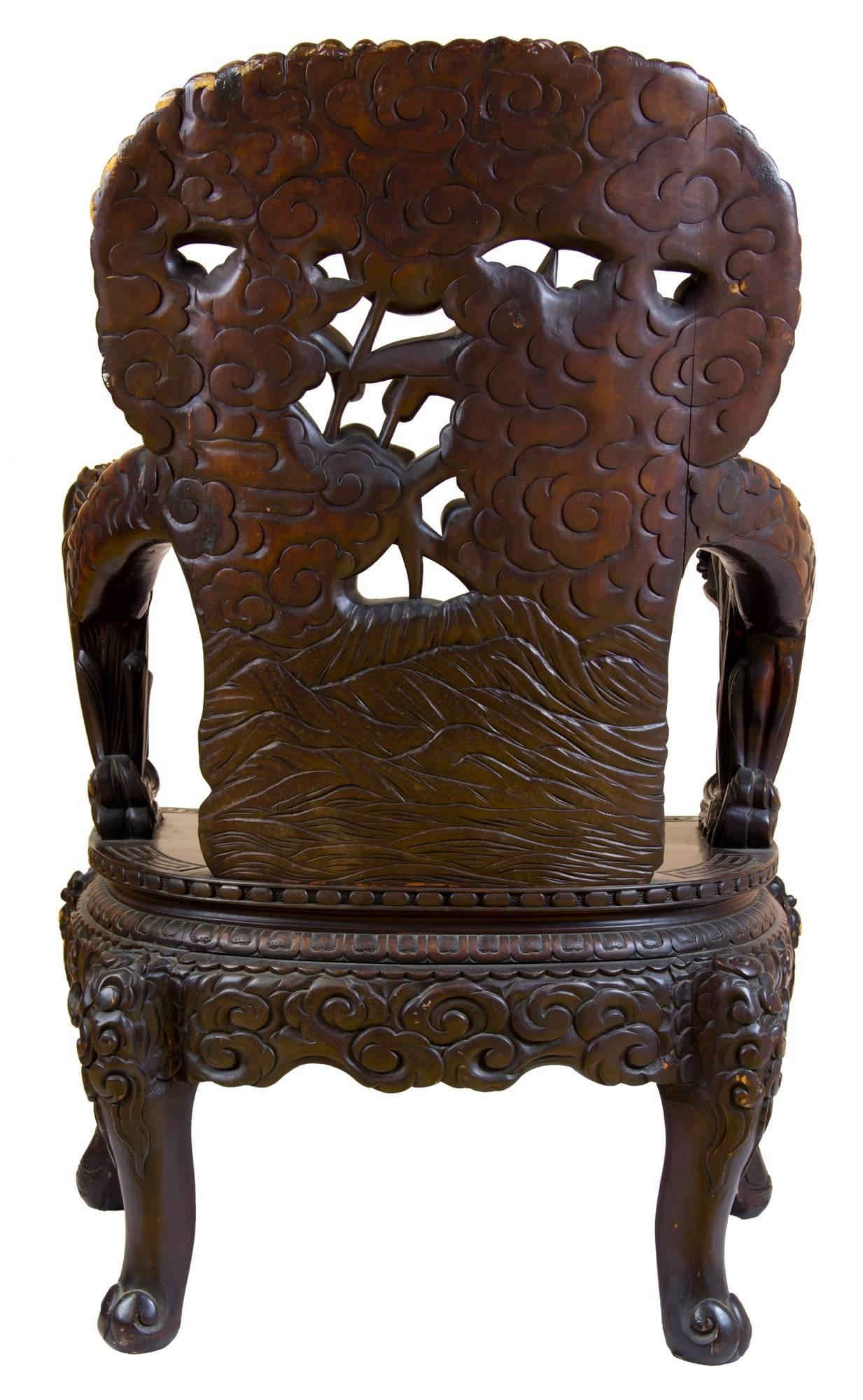 Hand-Carved Exuberant Wood Armchair with Bird Motif and Floral Carving, Late 19th Century For Sale