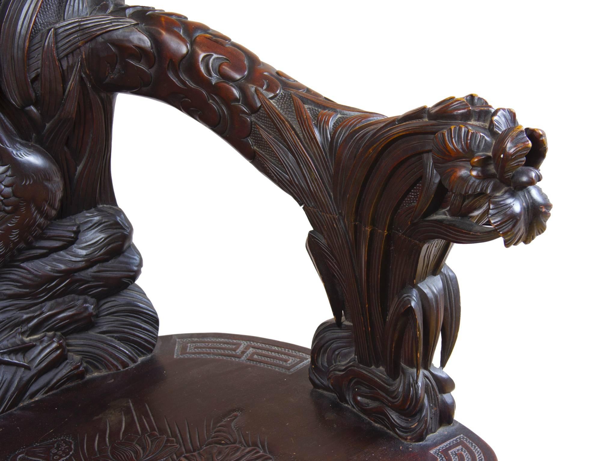 Exuberant Wood Armchair with Bird Motif and Floral Carving, Late 19th Century For Sale 2