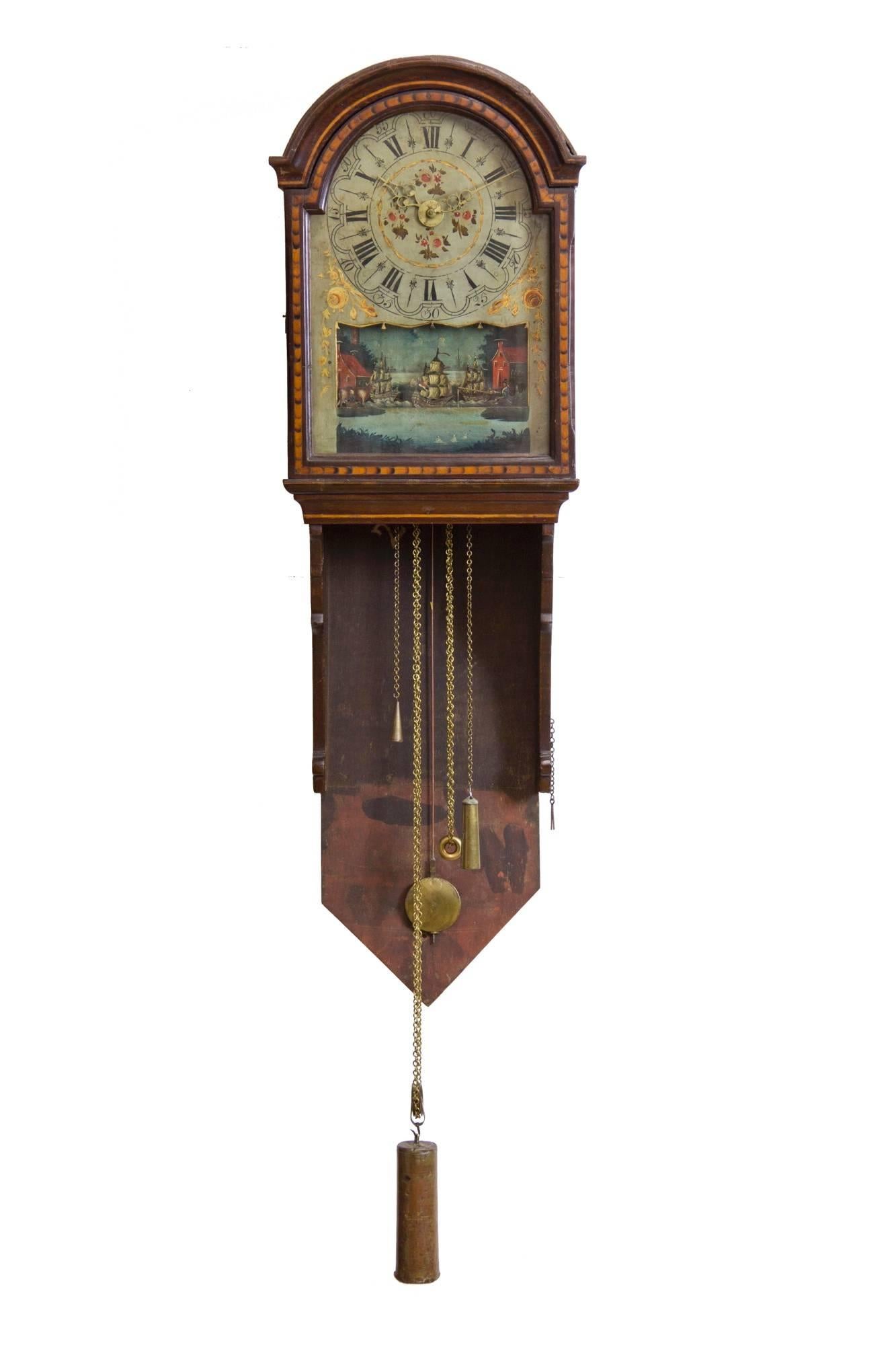 This clock form, unique to Scandinavia, is one of the best and most complicated of the form (see attached basic models). The case has beautiful marquetry throughout, and retains an older historic surface. The beauty of the case complements the
