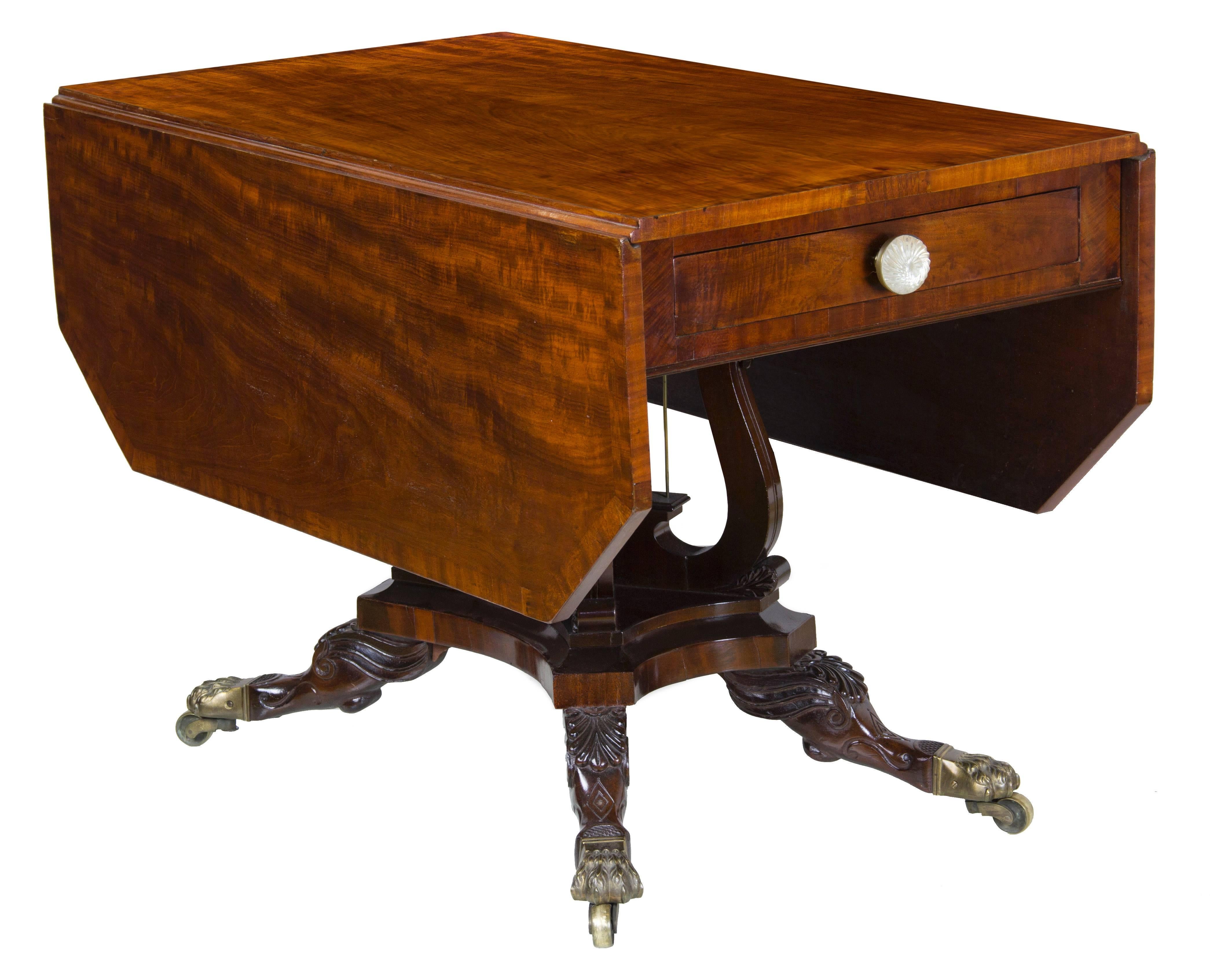 American Classical Mahogany Drop Leaf Table Crossed Lyres Attributed Joseph B. Barry, Phil. PA 1820 For Sale