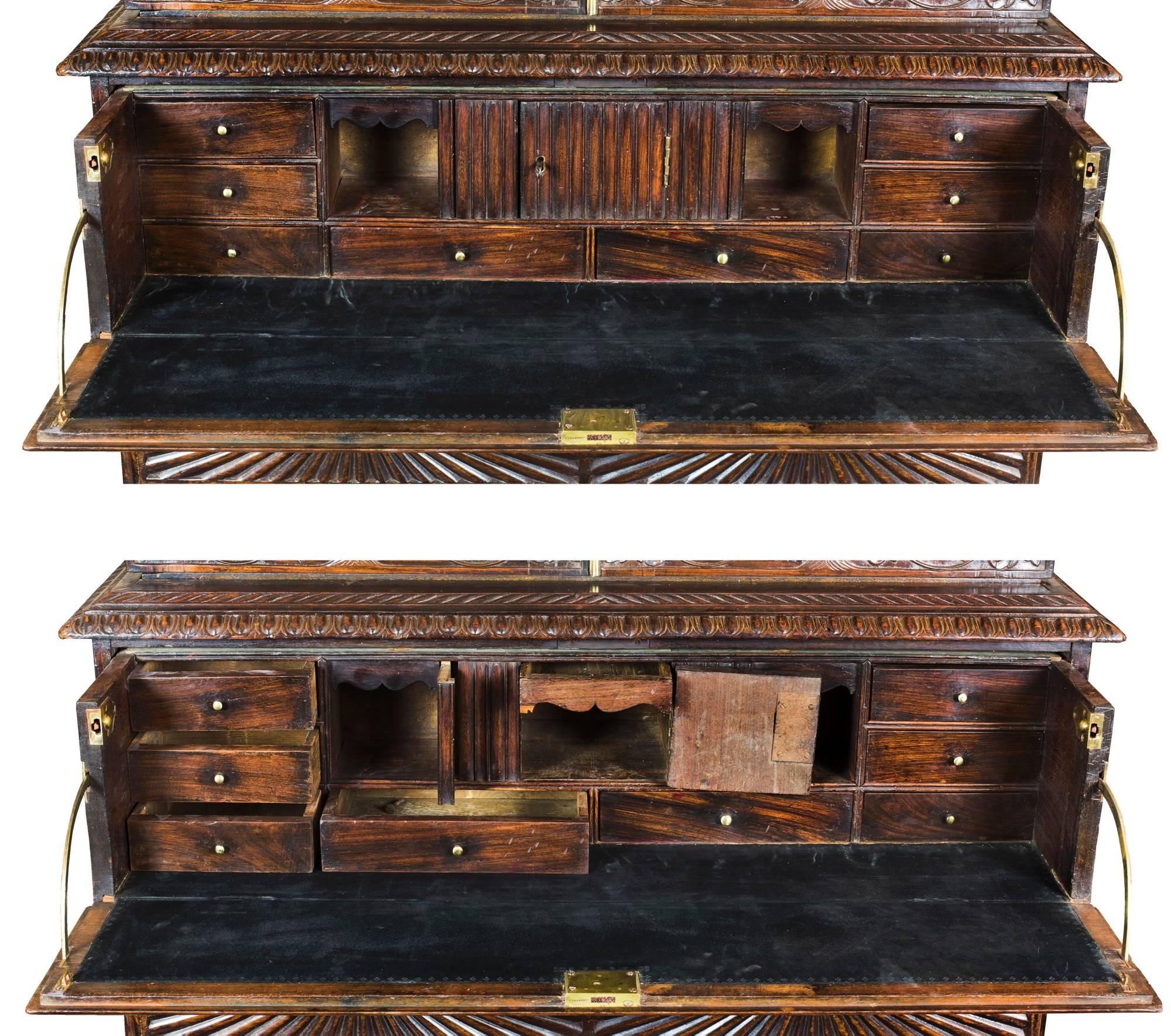 Sunburst Carved Rosewood Indian Colonial Secretary, circa 1840 In Excellent Condition In Providence, RI