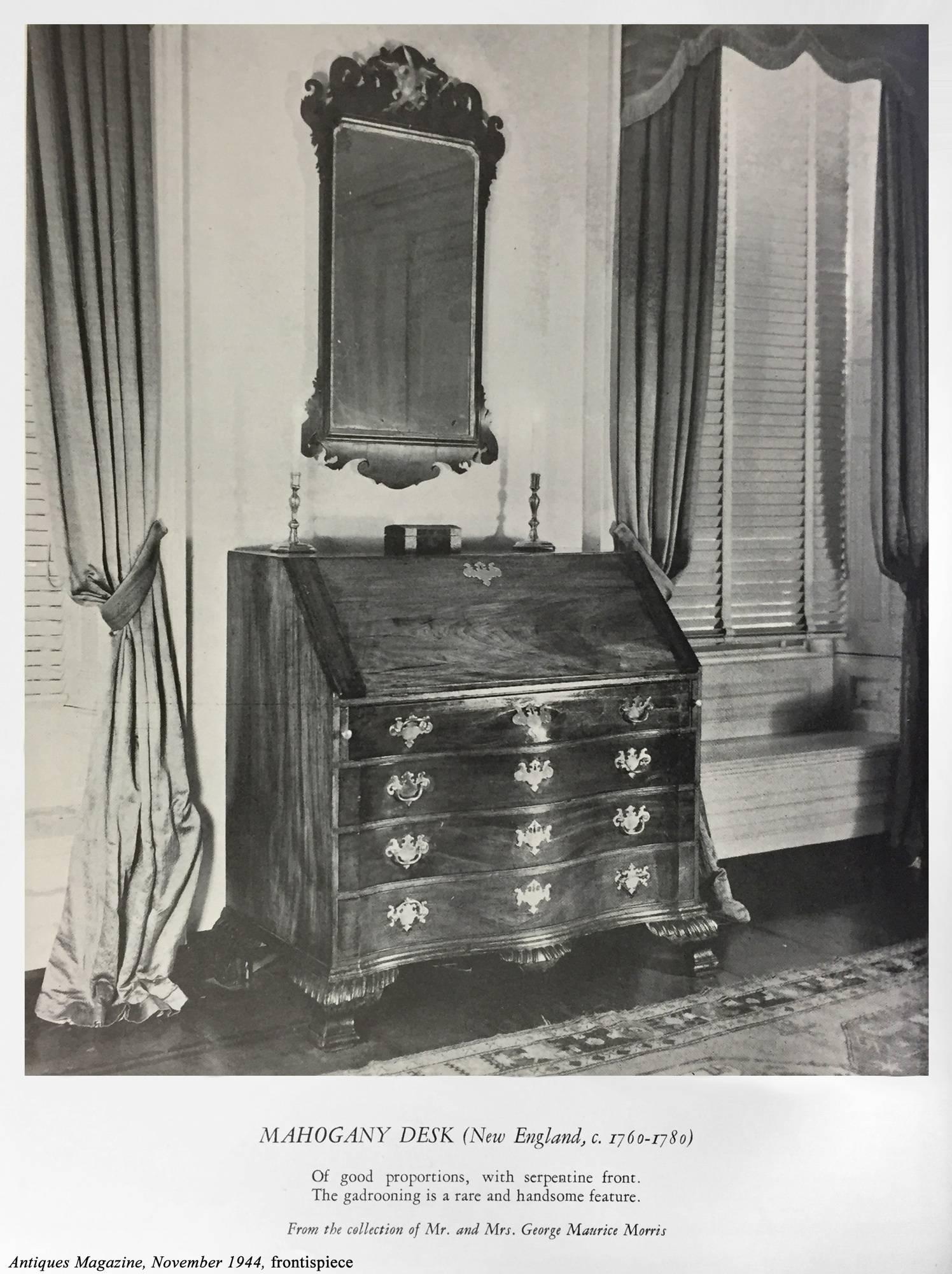 Chippendale Mahogany Slant-Lid Desk with a Blocked Serpentine Front, MA For Sale 2