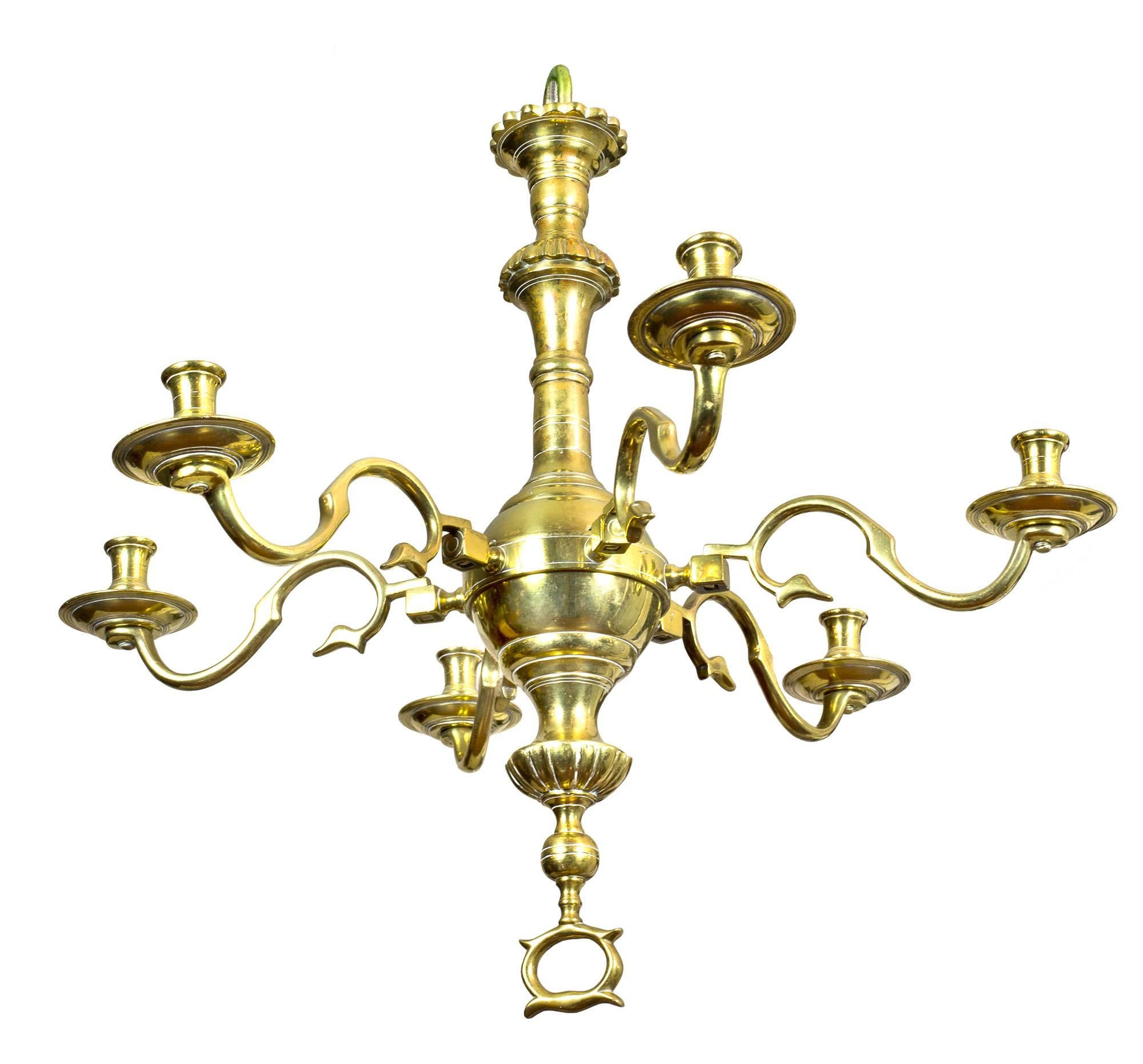British Colonial Fine Classic Six-Light English Brass Chandelier with Trammel, Both, circa 1750 For Sale