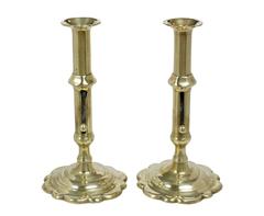 Pair of English Push-Up Brass Candlesticks, with Scalloped Edge Bases