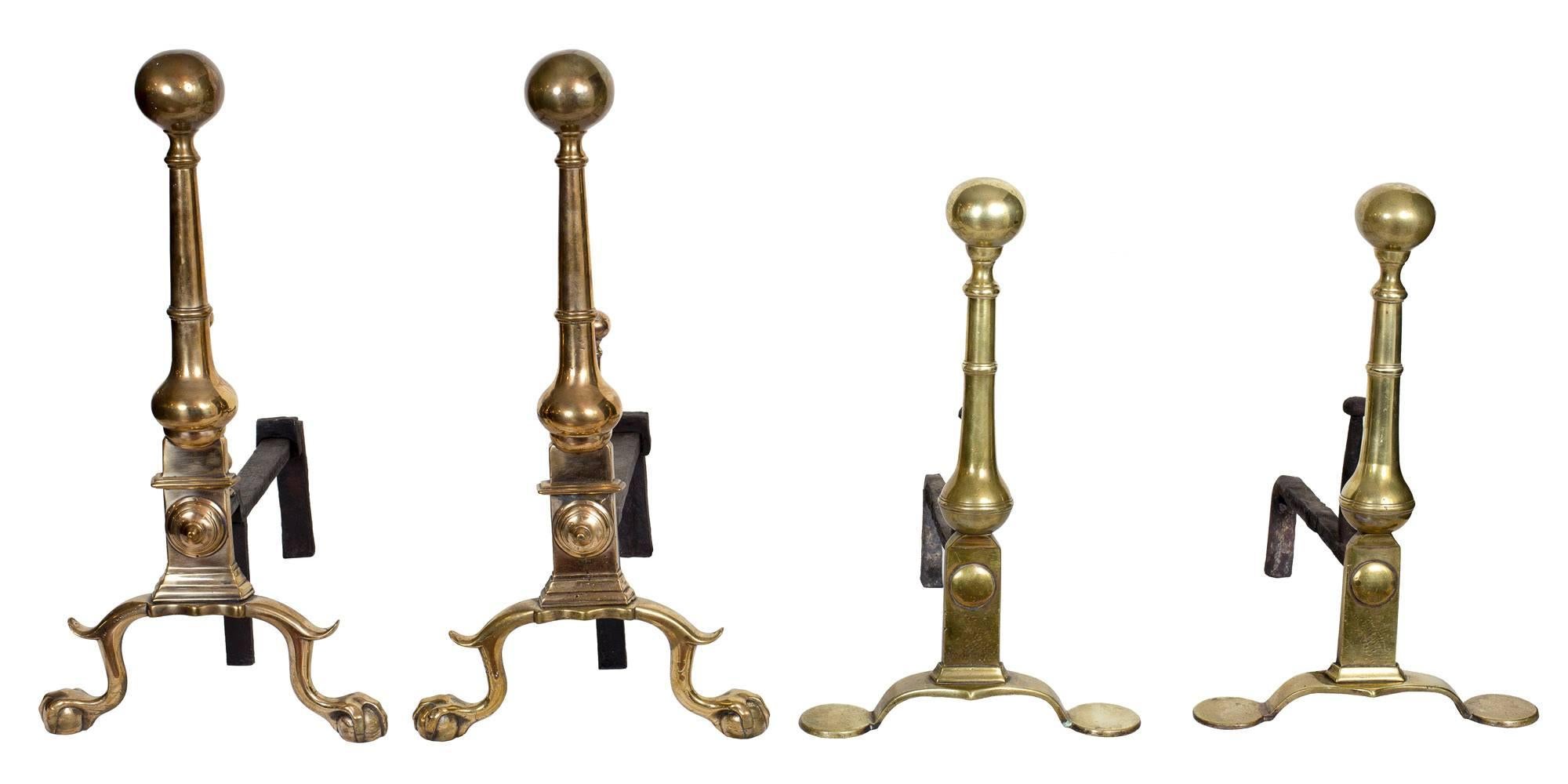 Chippendale Pair of American Rose Brass Andirons with Claw and Ball Feet, Newport circa 1780 For Sale