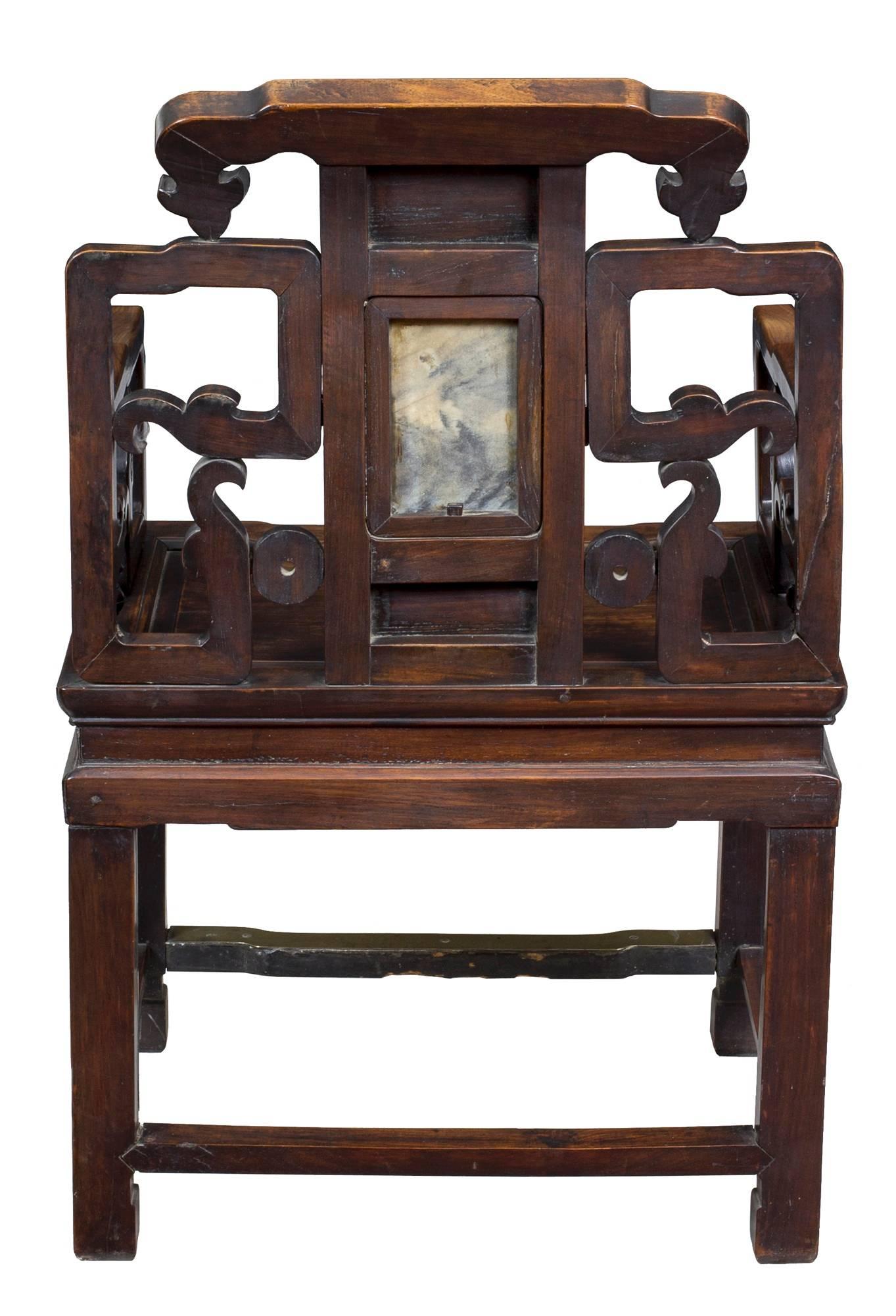 Chinese Pair of Brass and Marble-Mounted Carved Mahogany Open Armchairs