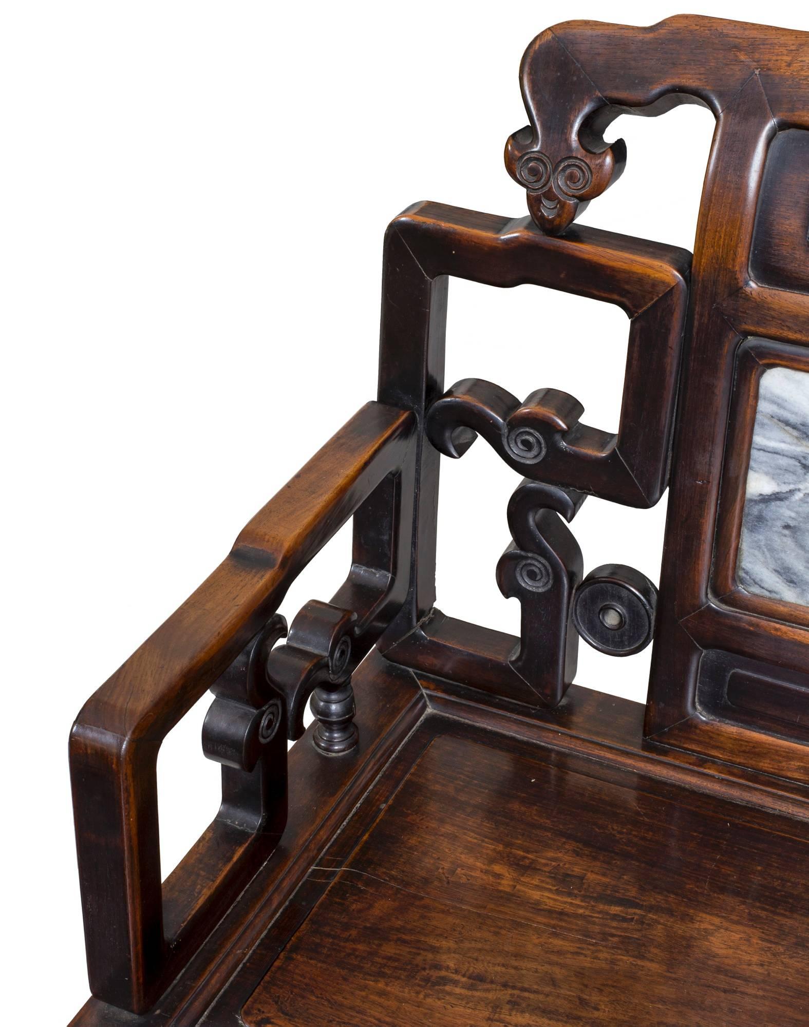 Pair of Brass and Marble-Mounted Carved Mahogany Open Armchairs In Excellent Condition In Providence, RI