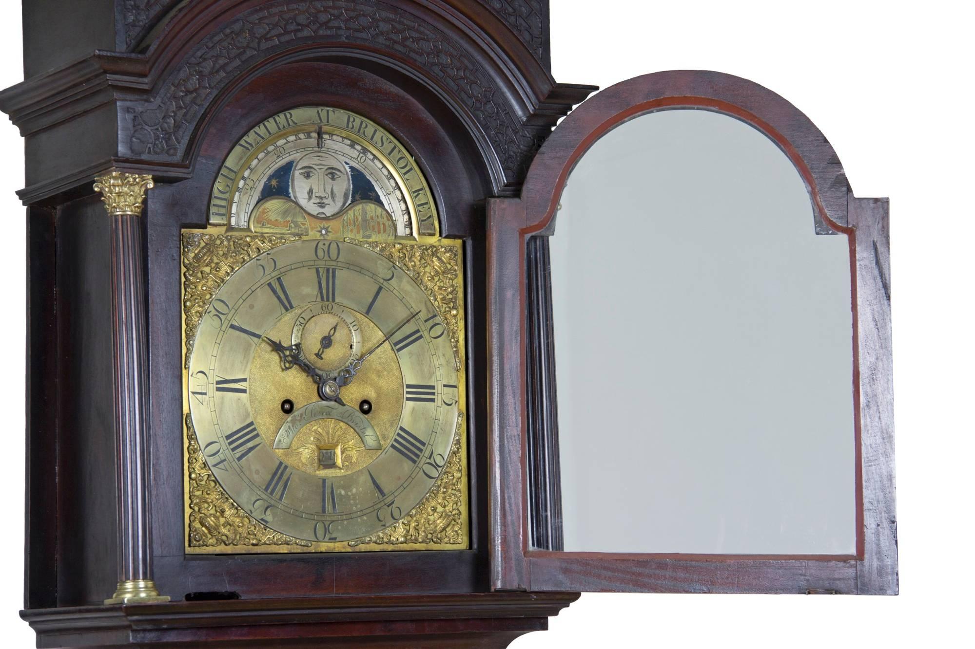 Mahogany Chippendale English Tall Case Clock with Tides, England, Thos. Pierce In Excellent Condition For Sale In Providence, RI