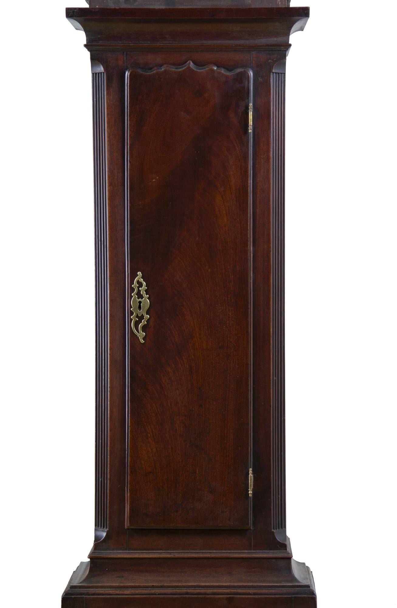 Mahogany Chippendale English Tall Case Clock with Tides, England, Thos. Pierce For Sale 1