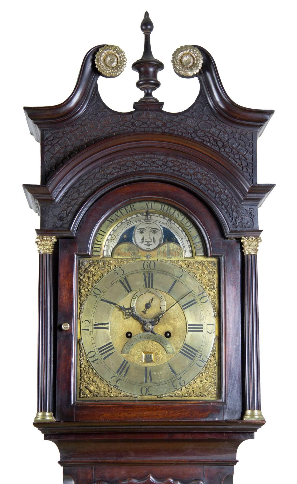 Mahogany Chippendale English Tall Case Clock with Tides, England, Thos. Pierce For Sale 4