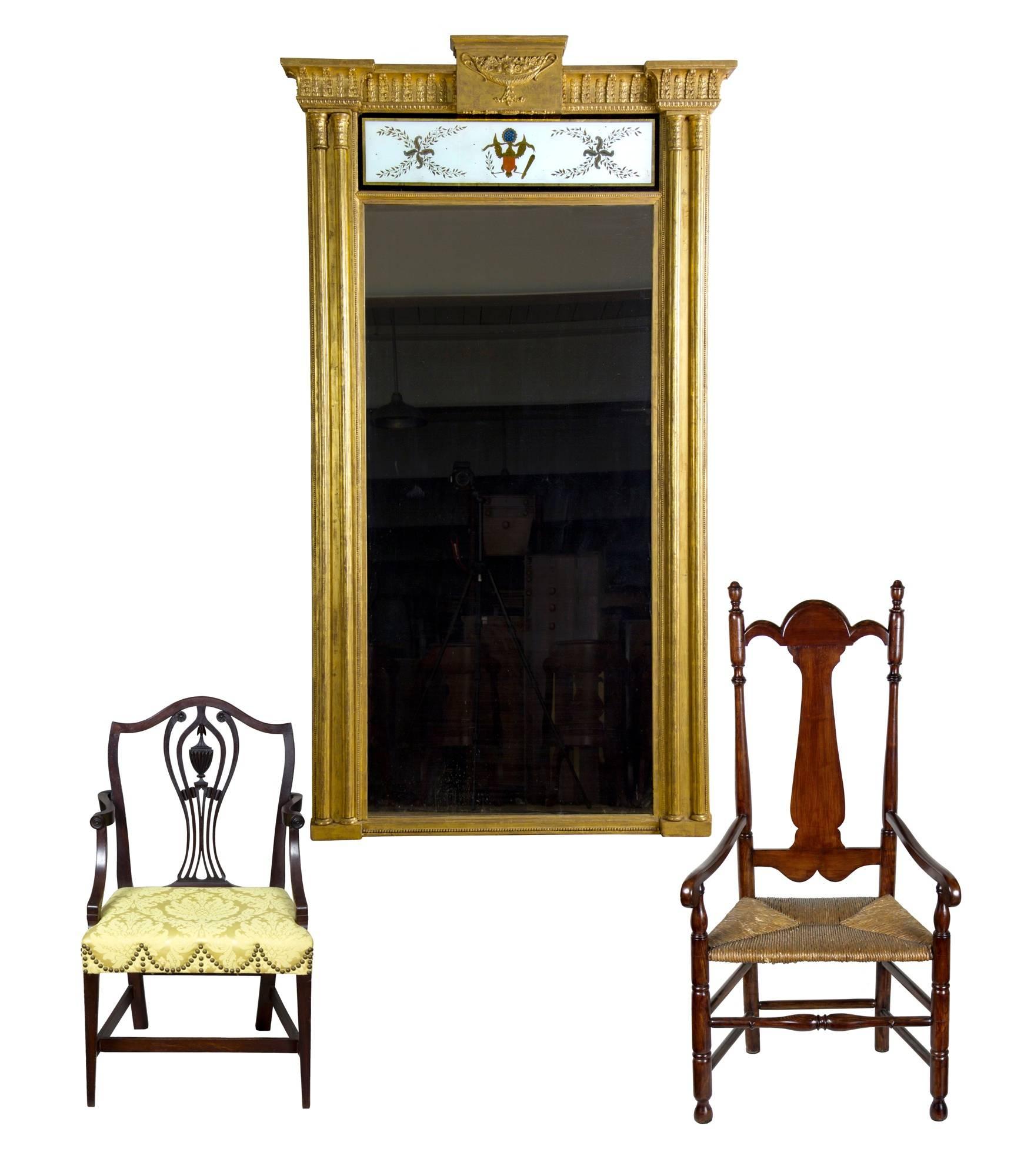 American Classical Monumental Gilt Pier Mirror with Reverse Painting with American Eagle For Sale