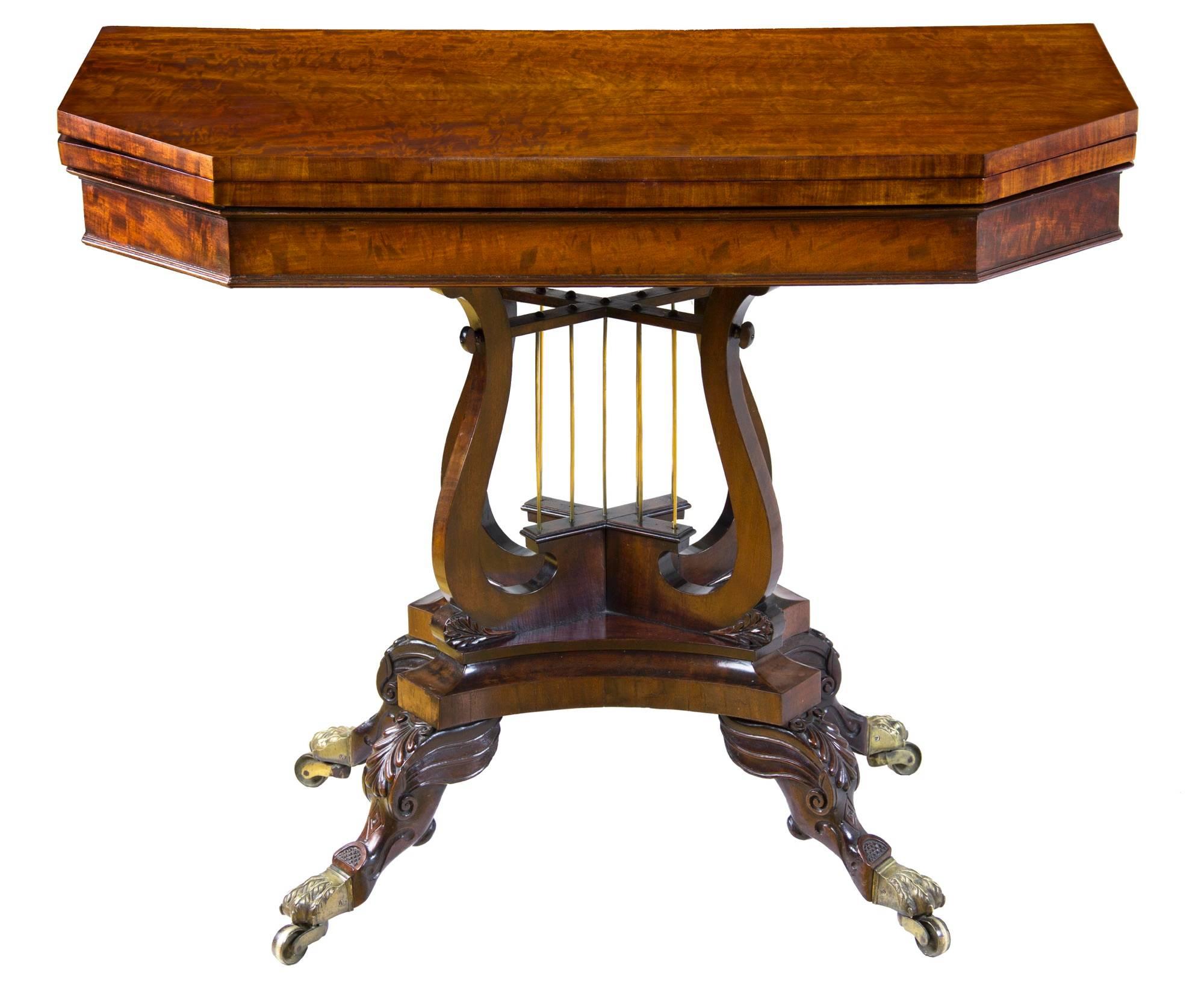 This card table is an exceptional example of American Classical design, with highly skilled carving and reminiscent of work being done in New York during the late Phyfe period and the work done in New York by the Vose makers, etc.

Note the