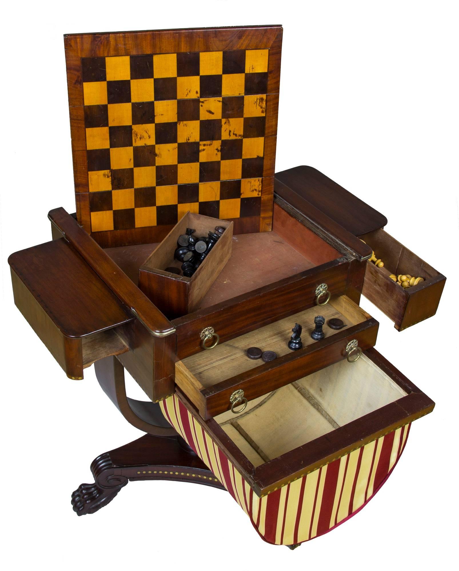 American Classical Classical Brass Inlaid Mahogany Worktable with Inlaid Game Board circa 1820-1830 For Sale