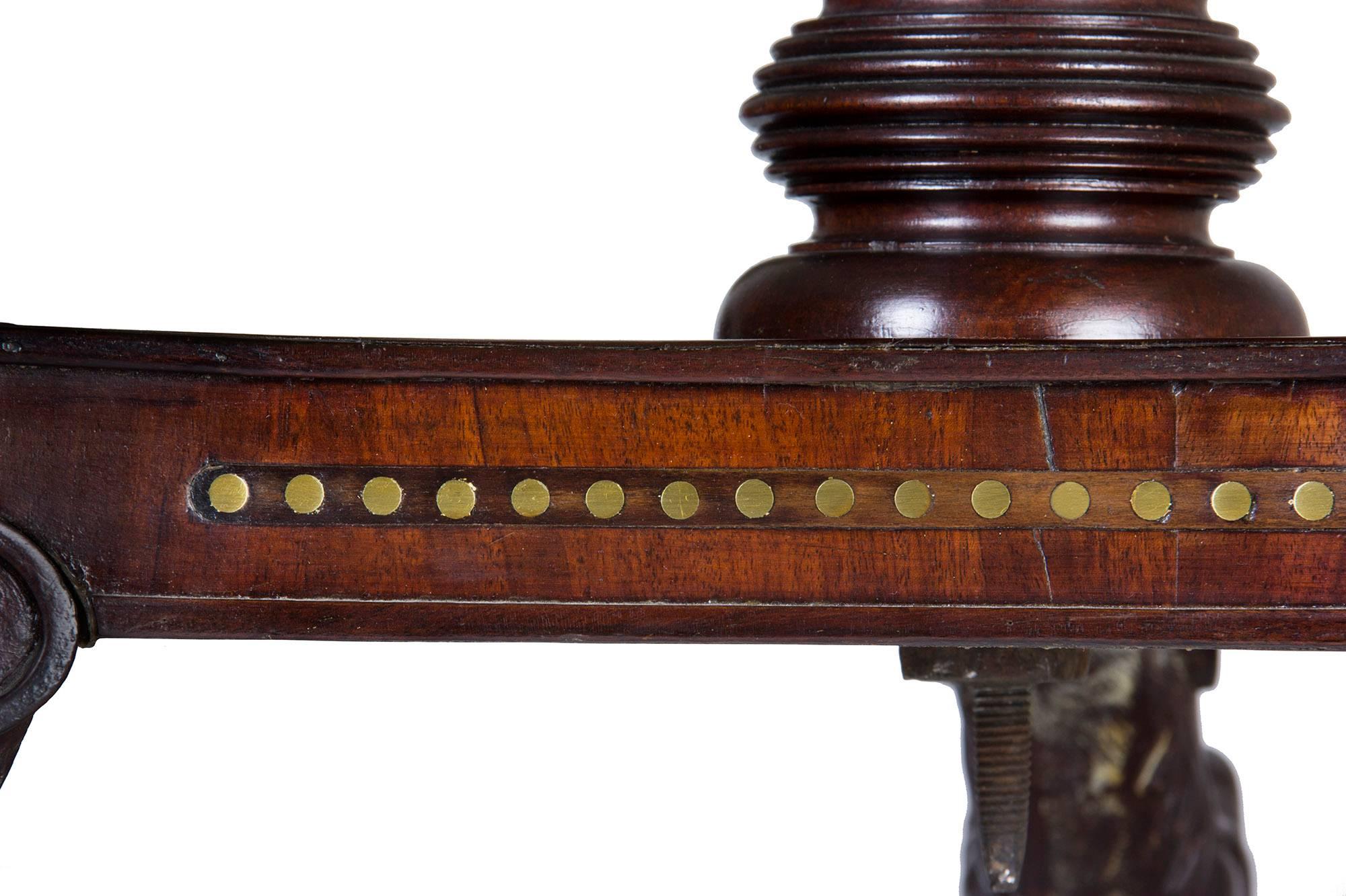 Early 19th Century Classical Brass Inlaid Mahogany Worktable with Inlaid Game Board circa 1820-1830 For Sale