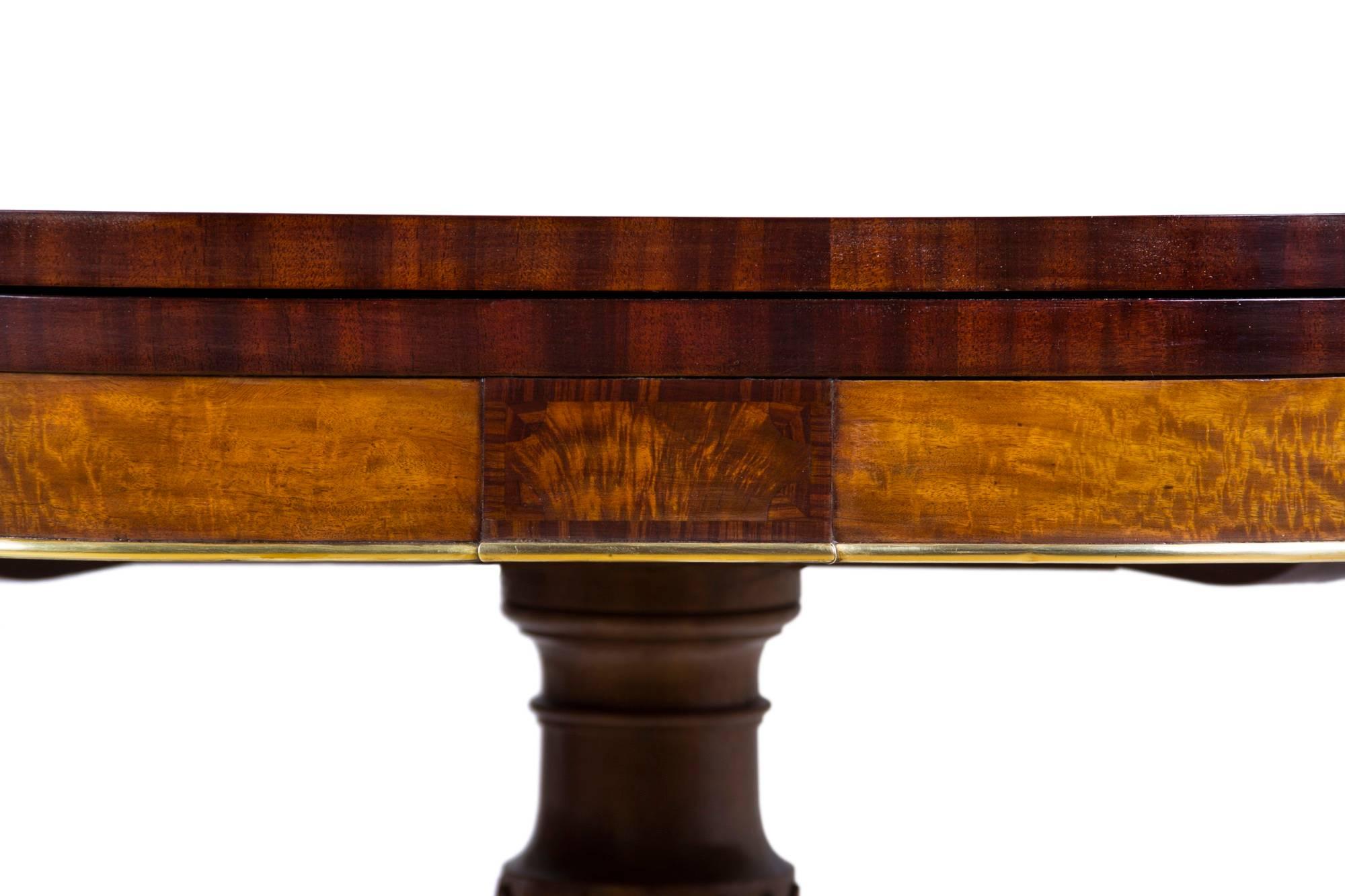 American Federal Brass & Carved Mahogany/Satinwood Elliptical Trick Leg Card Table, NY For Sale