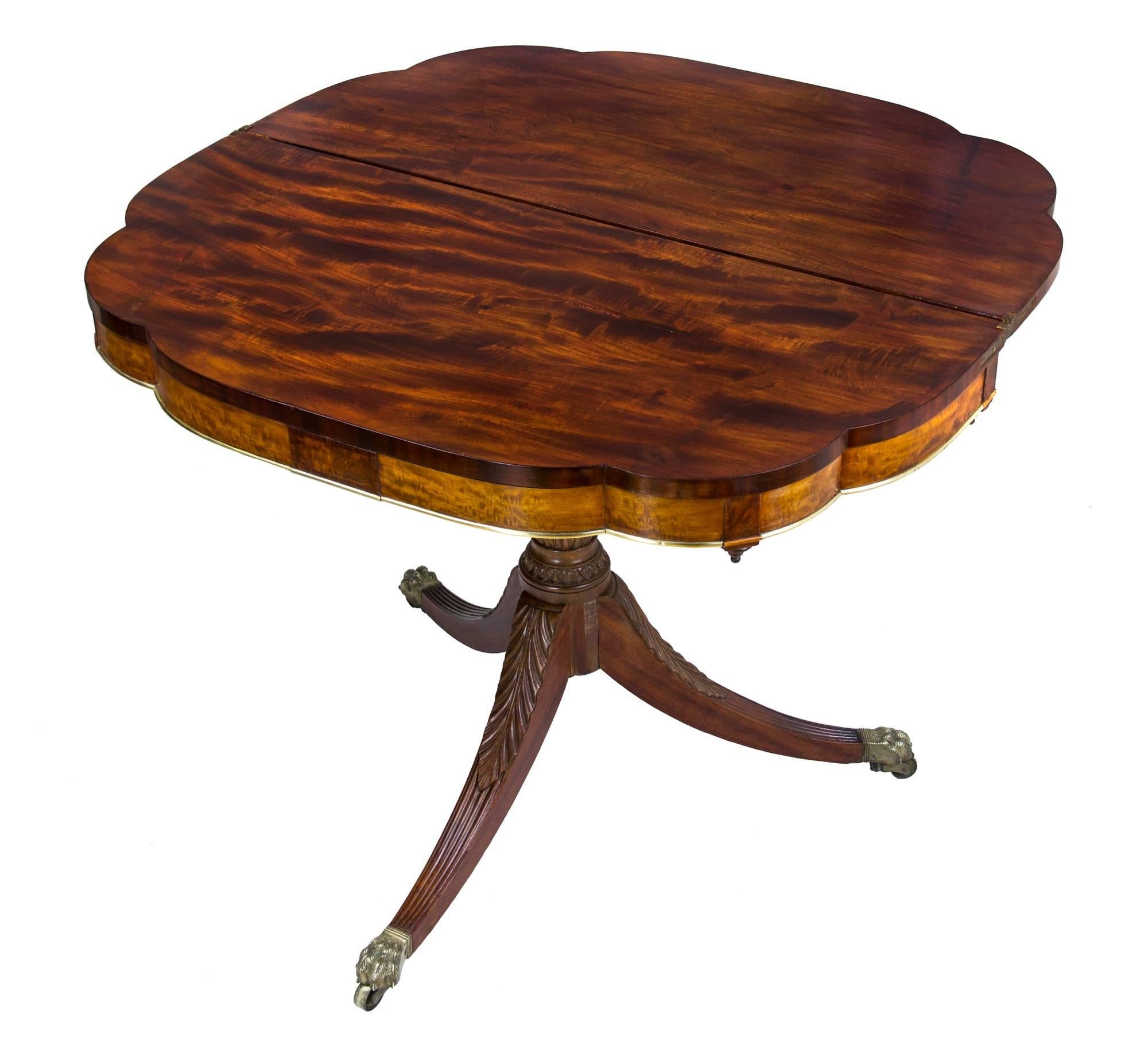 American Classical Federal Brass & Carved Mahogany/Satinwood Elliptical Trick Leg Card Table, NY For Sale
