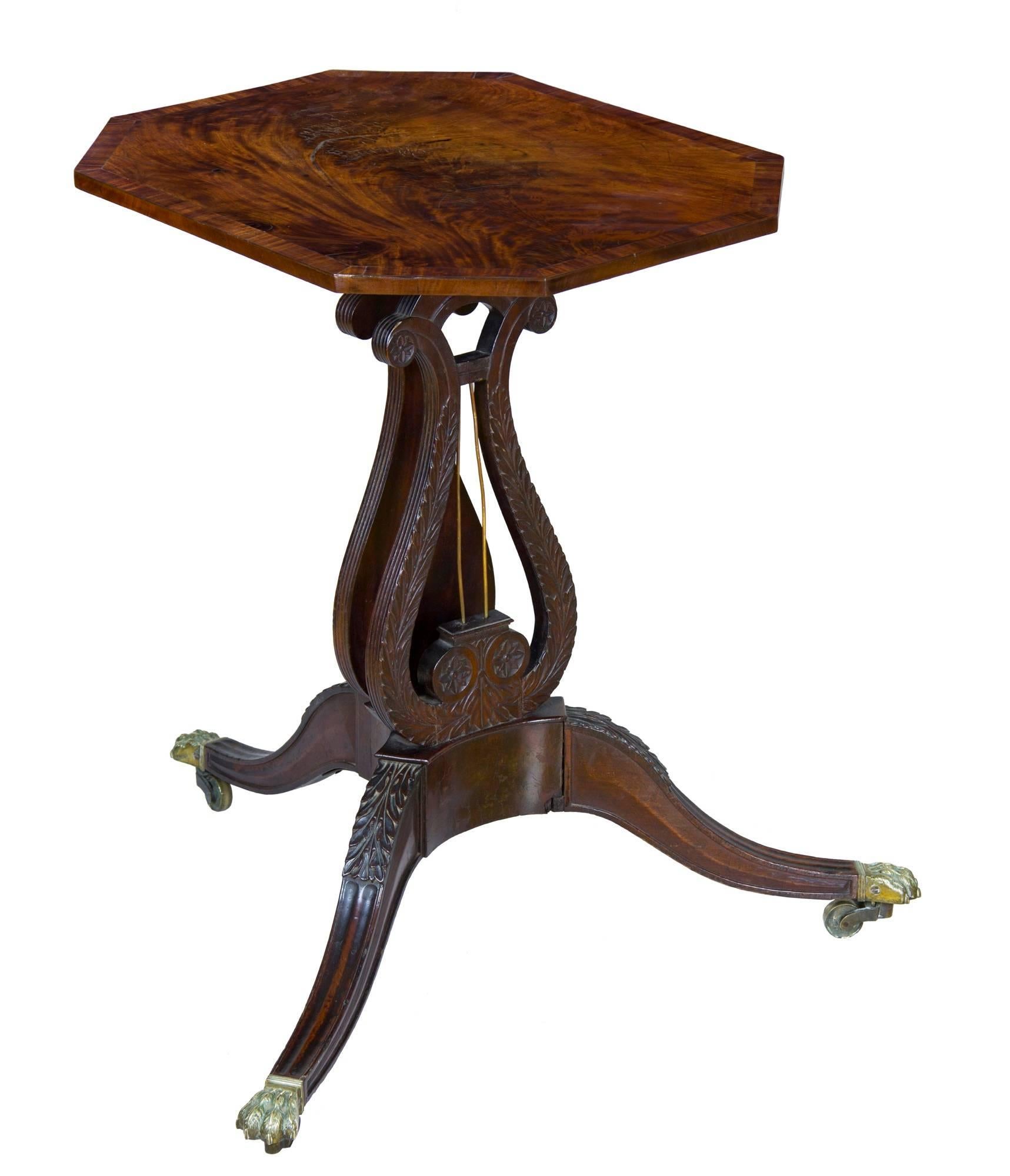 Lyre card tables and work tables are found in many collections and museums, but a tilt-top table in the lyre form is unknown. This table came out of the collection of Joan Oestreich Kend (highly regarded collectors) handled by Sotheby’s. They