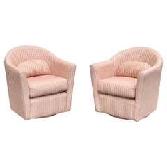 Late 20th Century Pair of Barrel-Back Swivel Club Chairs With Striped Peach Pink