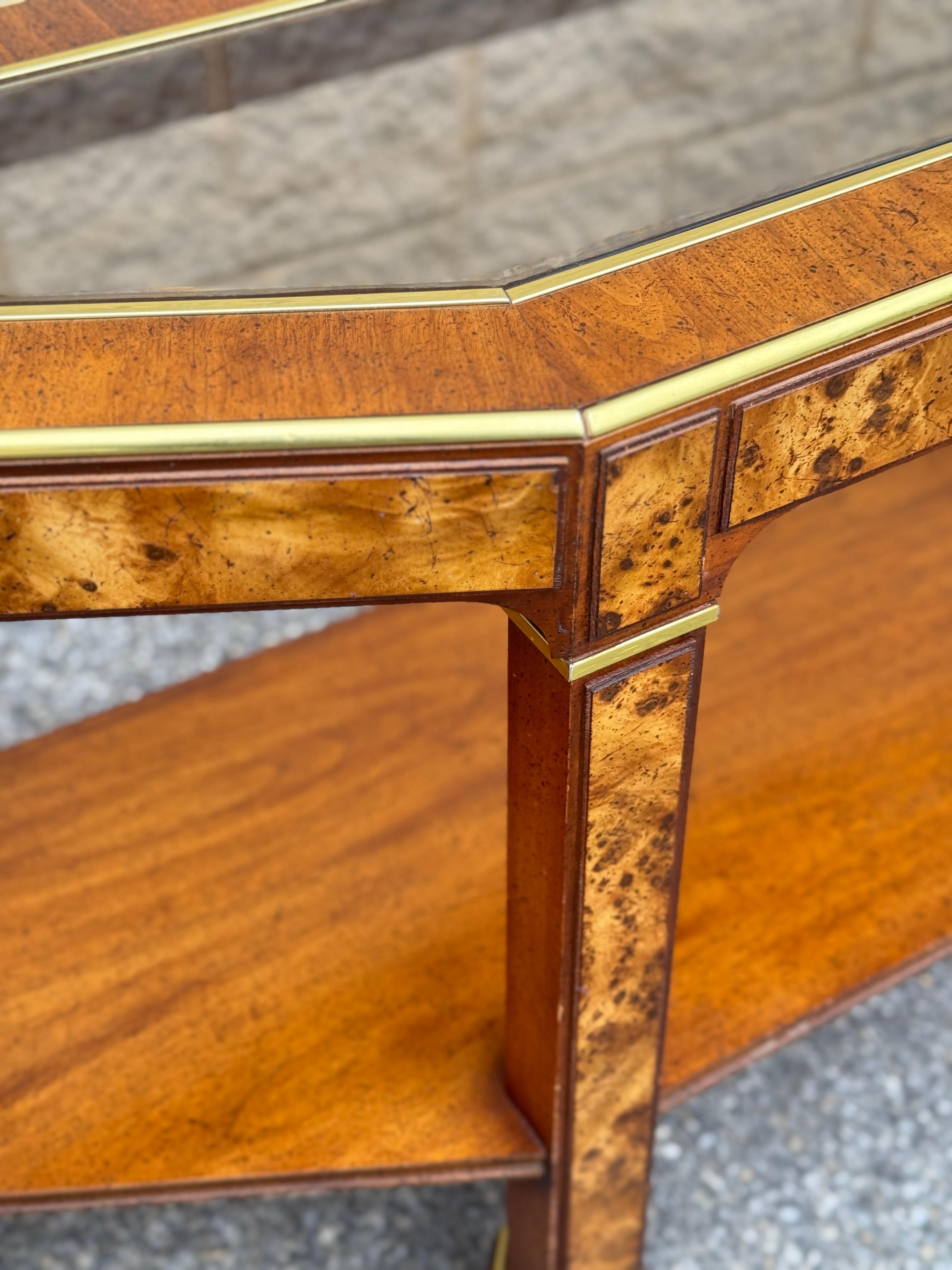 Laminate 1970s Mid Century Modern Burlwood Veneer Parsons Console Table For Sale