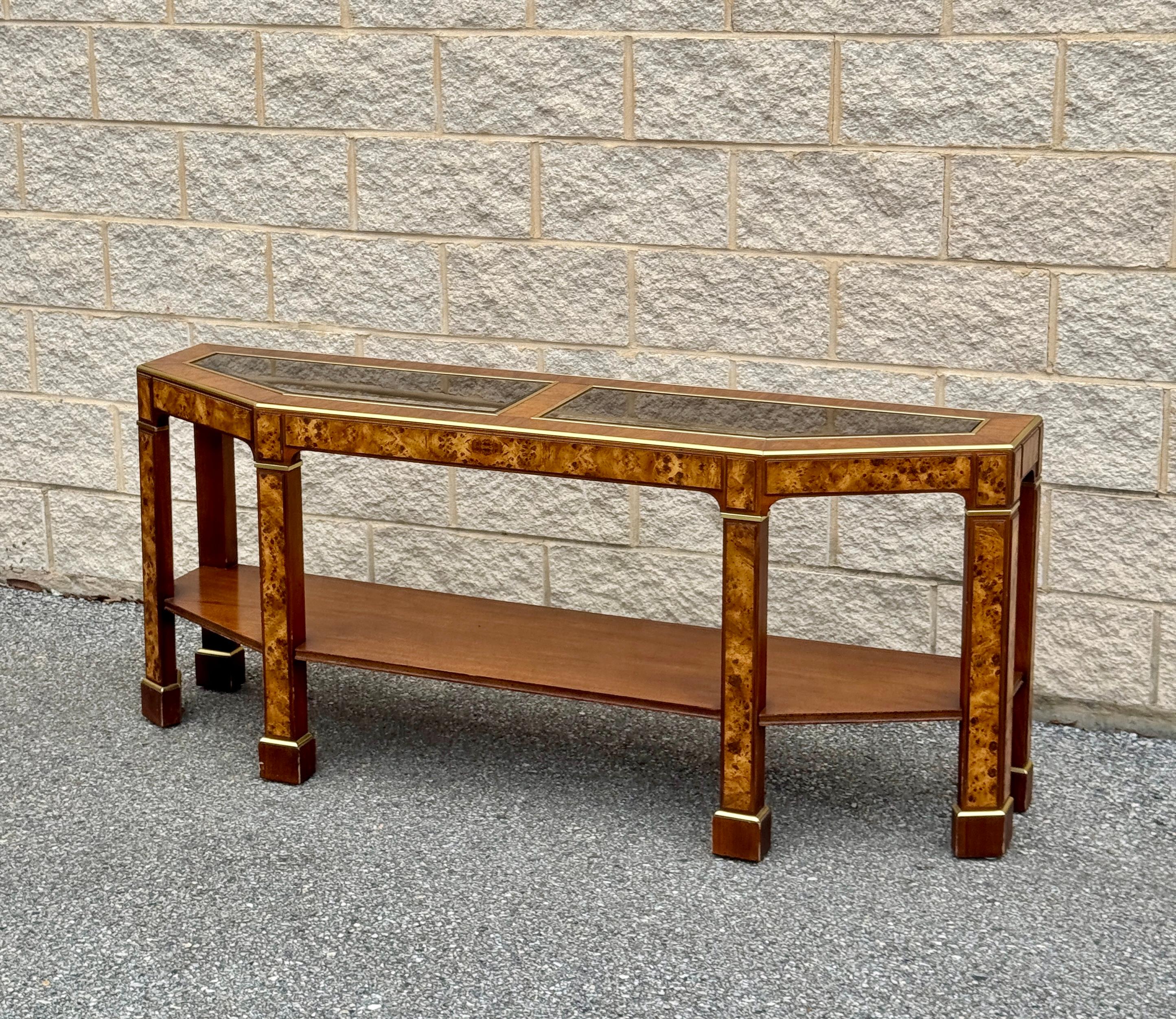 Milo Baughman style burl pattern veneer console table. Features rich shades of brown with a stunning veneer burl pattern. Circa 1970s.

