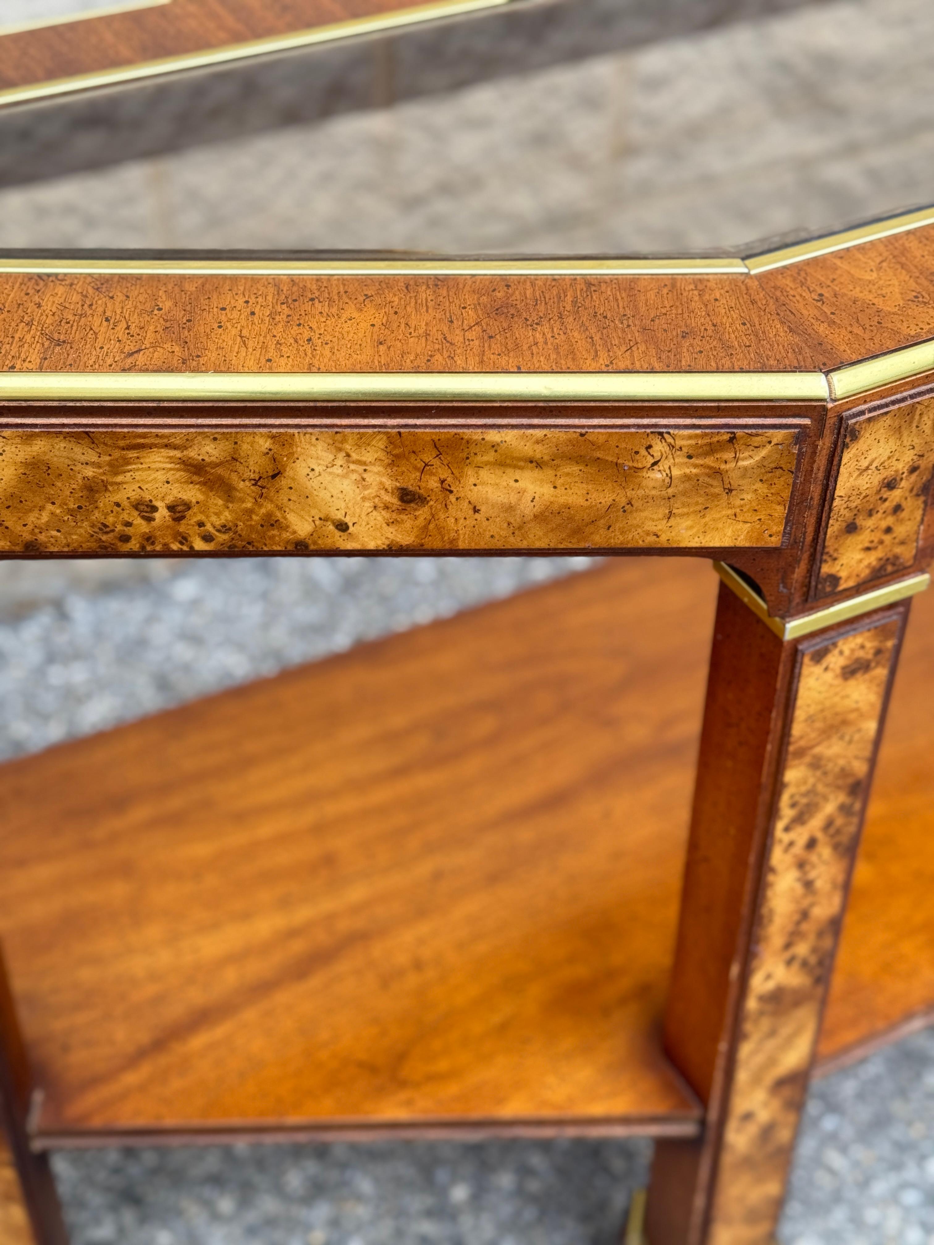1970s Mid Century Modern Burlwood Veneer Parsons Console Table For Sale 1