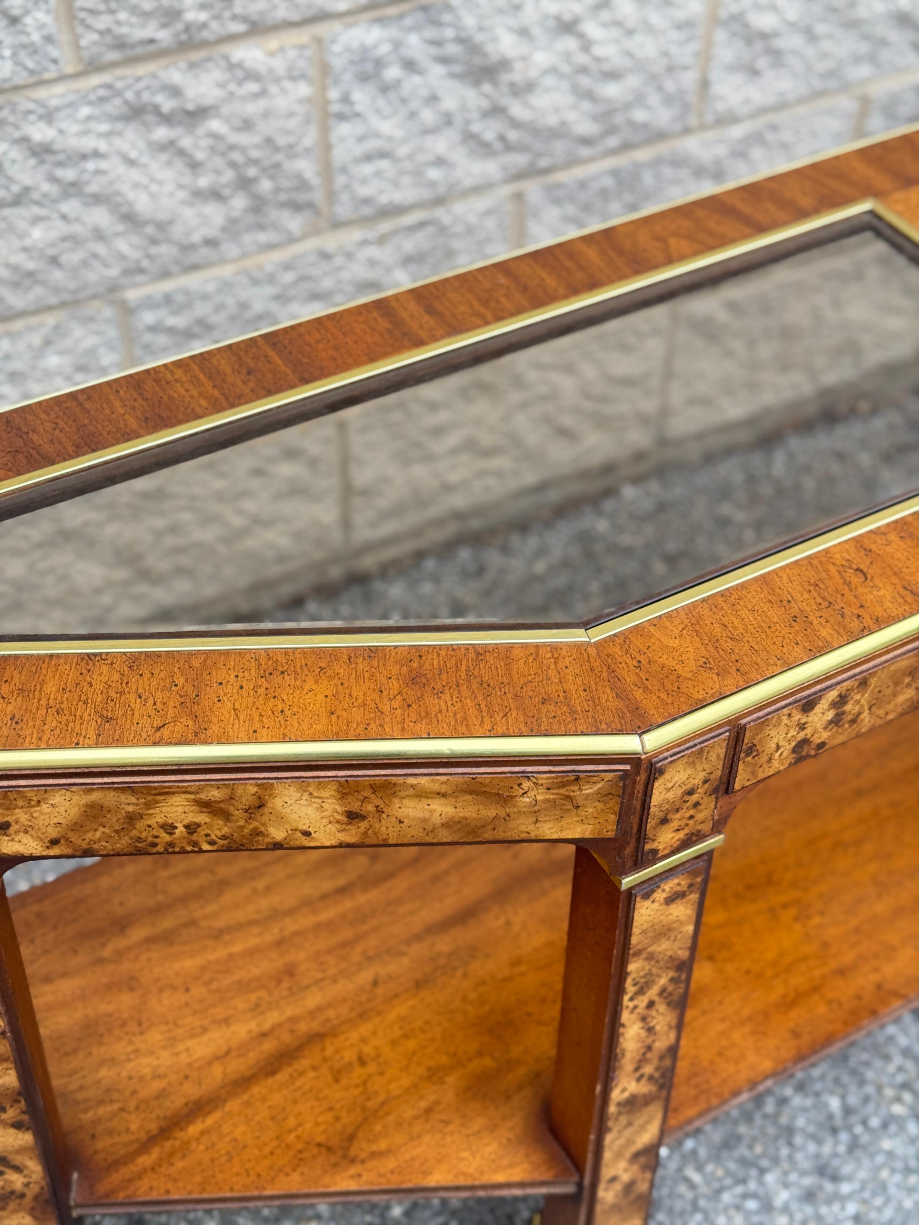 1970s Mid Century Modern Burlwood Veneer Parsons Console Table For Sale 2