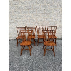 Mid 20th Century Set of 6 Rustic Solid Wood Windsor Style Dining Chairs