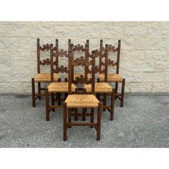 Vintage Italian Carved Walnut Rush Seat Dining Chairs - Set of 6