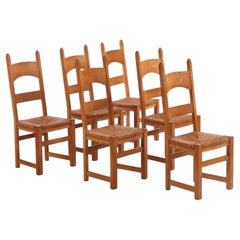 1950s French Oak & Rush Ladder-Back Dining Chairs - Set of Six