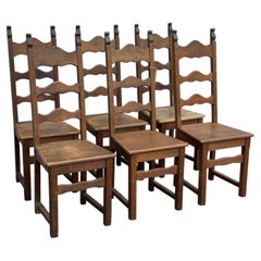 1940s French Provincial Oak Ladder-Back Dining Chairs - Set of Six