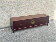 Vintage Chinese Chinoiserie Elmwood Low Sideboard With Brass Hardware