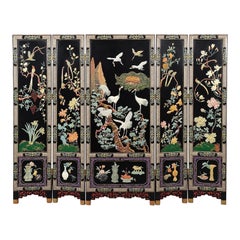 Large Chinese Five-Panel Black Lacquer Hardstone Crane Room Divider Screen