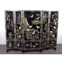 Large Chinese Five-Panel Black Lacquer Hardstone Crane Room Divider Screen