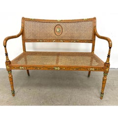 Sheraton Style Painted Floral Cane Settee With Neoclassical Detailing