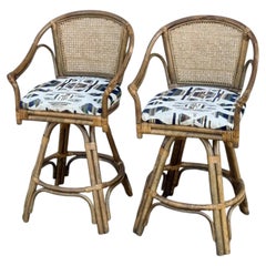 Pair of 1970s Vintage Rattan & Cane Swivel Bar Stools With Upholstered Seats