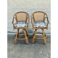 Pair of 1970s Vintage Rattan & Cane Swivel Bar Stools With Upholstered Seats