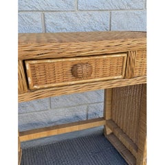 Vintage Wicker Vanity Set With Arched Mirror and Matching Stool