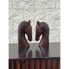 Vintage Equestrian Horse Head Sculptures in Dark Carved Wood - A Pair