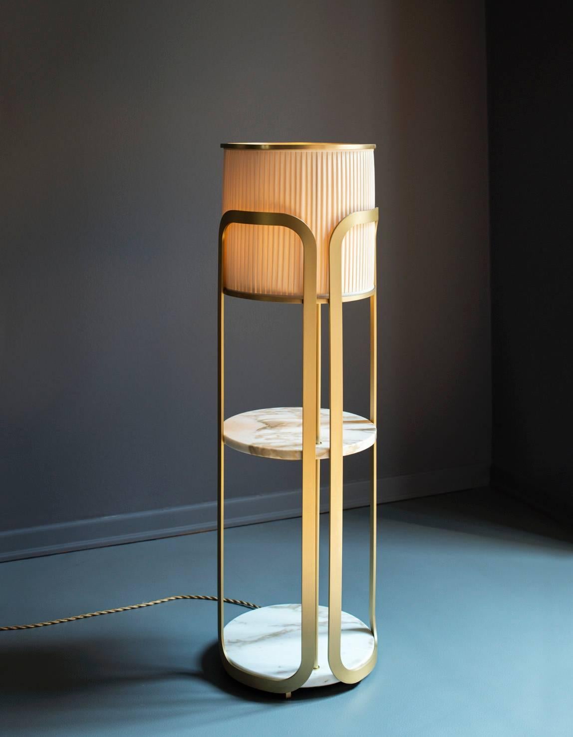 MEGAN lamp and side table  design by Lazzarini & Pickering 
matte brass frame - calcatta marble - silk shade 
manifactured by Marta Sala éditions ( MSE') 
Italy 2015

Available in three finishes:
matte brass, polished brass, matte bronze