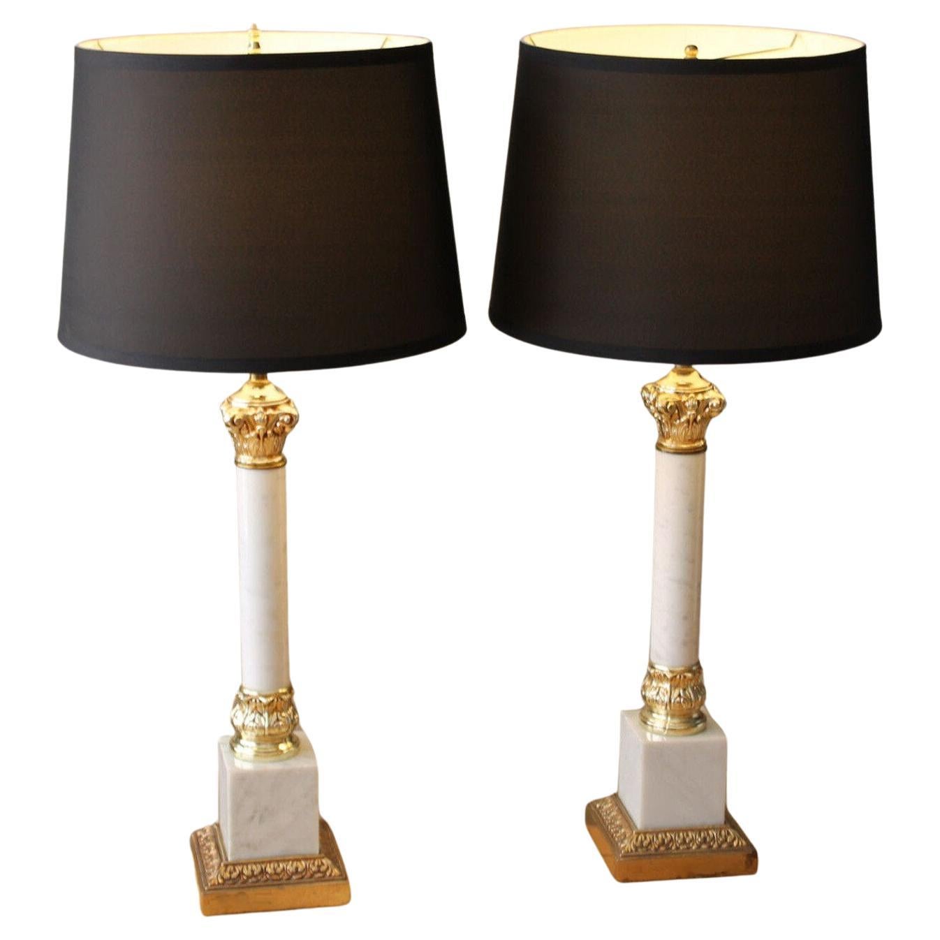 Pair! FREDERICK COOPER COLUMN MARBLE LAMPS French Louis XVI Style White Gold