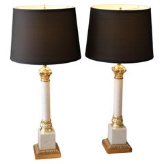 Pair! FREDERICK COOPER COLUMN MARBLE LAMPS French Louis XVI Style White Gold